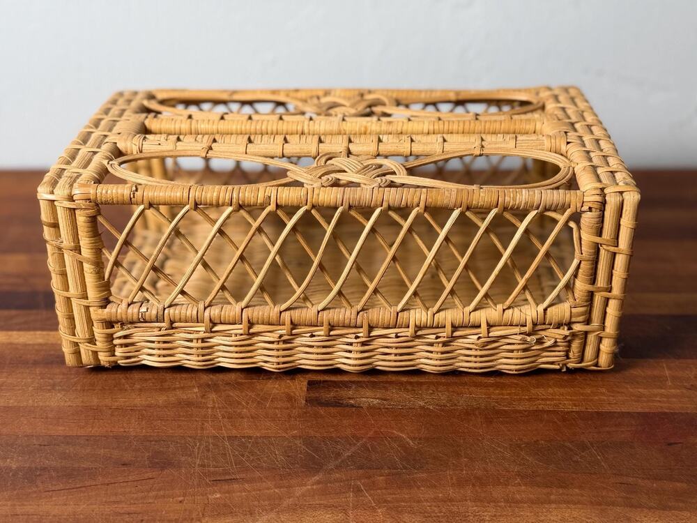 Vintage Rattan Tissue Box Cover: Woven Knotwork, Boho Coastal Decor